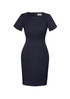 A short sleeve shift dress in navy blue with a fitted silhouette and a subtle brand logo.