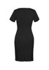 A black women's short sleeve shift dress with a fitted design and back zipper. Features a slit at the hem.