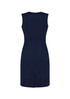 A navy sleeveless V-neck dress with a fitted silhouette and a back zipper, featuring a centre back vent.