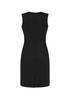 A black sleeveless V-neck dress with a fitted design and a back zip closure. It features a small vent at the bottom.