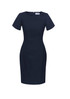 A fitted navy short sleeve shift dress with a round neckline and a back zipper. Features a logo on the label.