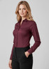 A long-sleeve women's button-up shirt in burgundy, featuring a fitted design and a collar.