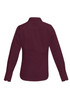 A burgundy long sleeve button-up shirt with a classic collar and a back yoke. Features logos on the fabric.