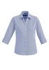 A light blue, 3/4 sleeve button-up shirt with a collar and a logo on the chest. A light blue, 3/4 sleeve button-up shirt with a collar and a logo on the chest.