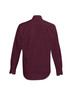 A burgundy long sleeve button-up shirt featuring a back view and a logo.