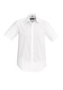 A white short sleeve button-up shirt with a collar and a logo on the front.