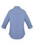 A women's button-up shirt in a blue and white checkered pattern with 3/4 sleeves and a collar, featuring a logo.