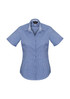 A short sleeve, button-up women's shirt featuring a blue and white checkered pattern and a logo.