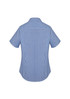 A short-sleeve button-up shirt in a blue checkered pattern with a back yoke and rolled sleeves.
