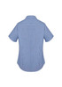 A short sleeve button-up shirt in a blue and white check pattern, featuring a logo on the back.