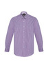 A lilac check patterned long sleeve button-up shirt with a collar and front buttons, featuring a branding logo.