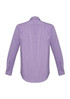 A long-sleeve button-up shirt in purple with a checkered pattern and a branded logo on the back.