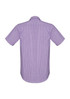A short sleeve men's button-up shirt in a purple check pattern, featuring a collar and a logo.