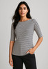 A striped women's short sleeve T-shirt in black and white, featuring a wide neckline and fitted design.