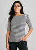 A striped short sleeve T-shirt in navy and white, featuring a boat neckline and a slim fit.