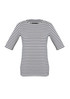 A women's short sleeve T-top in navy and white stripes, featuring a crew neckline and a branded logo.