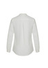 A white long sleeve blouse with a button-up design and a back pleat, featuring a subtle branding logo.