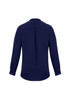 A navy blue women's long sleeve blouse with a button-up design and a back pleat.