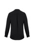 A black long sleeve blouse with a button-up design and a smooth finish. It features a back pleat for added detail.