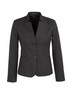 A dark grey women's cool stretch short jacket with a reverse lapel and two buttons, featuring a logo. A dark grey women's cool stretch short jacket with a reverse lapel and two buttons, featuring a logo.
