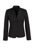 A black women's cool stretch short jacket featuring a reverse lapel and two buttons at the front. A black women's cool stretch short jacket featuring a reverse lapel and two buttons at the front.