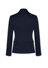 A navy blue mid-length women's jacket with a two-button design and fitted silhouette. It features a logo.