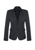 A women's mid-length jacket in dark grey, featuring a two-button closure and a fitted silhouette.