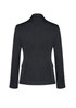 A black mid-length women's blazer featuring a two-button front and button detailing on the sleeves.