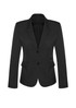 A black mid-length women's blazer featuring a two-button front and structured design. It has pockets and a logo.