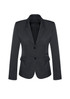 A women's mid-length blazer in dark grey with two buttons and angled pockets, featuring a tailored fit.