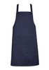 A navy blue bib apron featuring a front pocket and adjustable straps, with branding present.