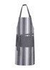 A striped grey and white apron with a tie waistband and adjustable neck strap, featuring a logo.