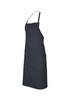 A dark grey bib apron with adjustable straps and a front pocket, featuring a logo on the fabric.