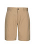 A pair of khaki dress shorts with a button closure and a branded logo on the waistband.