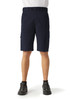 Men's dress shorts in navy blue with pockets and a belt. Featured on a man wearing black shoes.