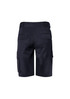 Men's navy shorts featuring cargo pockets and a waistband. The back view highlights the pocket detailing.