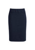 A navy knee-length skirt with a fitted design and two front pockets. It features a logo on the waistband.