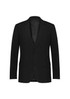 A classic black jacket with a tailored fit, featuring two front pockets and a notched lapel.
