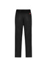 A pair of black track pants featuring an elastic waistband and back pockets, with a logo tag.