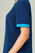 A navy blue unisex scrub with short sleeves featuring blue accents on the cuffs. It has a pocket on the side.