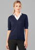 A navy zip front short sleeve knit cardigan, featuring a fitted design and a simple collar.