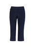 A pair of navy women's 3/4 length stretch pants with a fitted waistband and a small logo.