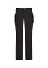 A pair of black cargo pants featuring multiple pockets and a fitted waist. The pants have a logo on the waistband.