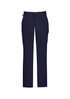 Navy cargo pants featuring multiple pockets and a comfortable waist design. The pants have a branded logo.