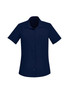A short sleeve women's shirt in navy blue with a collar and a front pocket. It features buttons and has a logo.