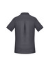 A plain short sleeve shirt in dark grey with a back pleat and collar, featuring a logo.