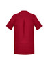 A plain red women's tunic with short sleeves and a back pleat design. It features a logo on the back.