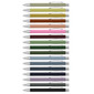 A collection of metal pens in various colours, each featuring a silver clip and detailing.