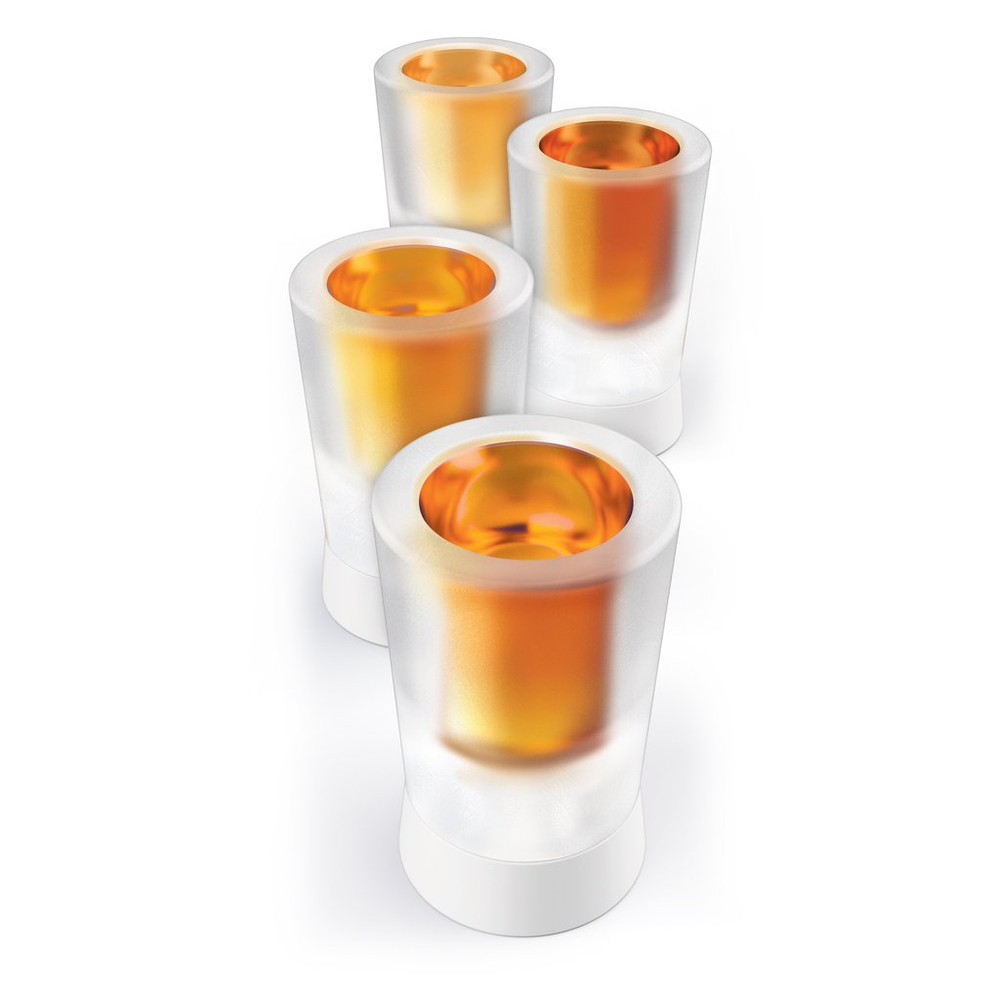 Create edible and cooling shot glasses from ice, chocolate, or even candy. Simply fill the silicone molds on the storage tray and freeze. Once frozen, easily remove the flexible silicone and pour your shooter. Bottoms up!