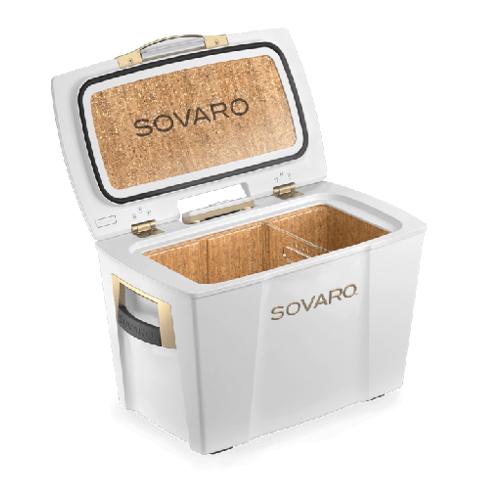 Stylish, functional, and on wheels! What more could you need in a cooler? Sovaro has checked all the boxes and more with their hard-sided coolers. 

THE DETAILS
- Modern, clean lines give this cooler an elevated simple style while offering uncompromised performance. 

- The exterior height is sized to provide comfortable seating, while the extra height inside gives you room to store wine or spirit bottles upright. 

- Cast side handles for easy lifting, telescoping extension handle for easy pulling, and heavy-duty wheels for easy rolling.  

- Friction hinges make for easy close and an open hold while the one-touch latch ensure a tight seal.

- The transparent interior liner is scratch resistant, easy to clean and the reservoir holds extra liquids while the rear plug allows for easy drainage. 

- The cork is not just a pretty feature, it is a natural insulator, impermeable to gas and liquid and doesn't attract mold or mildew. 

- Each cooler includes a removable divider for easy organization. 



30 qt cooler

- Capacity: 8 standing wine bottles 

- 16 5/8”l X 23 1/9”w X 17 3/4”h 

45 qt cooler

- Capacity: 10 standing wine bottles 

